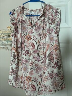 Sleeveless Floral Tie-Neck Blouse in Cream, Pink and Mauve